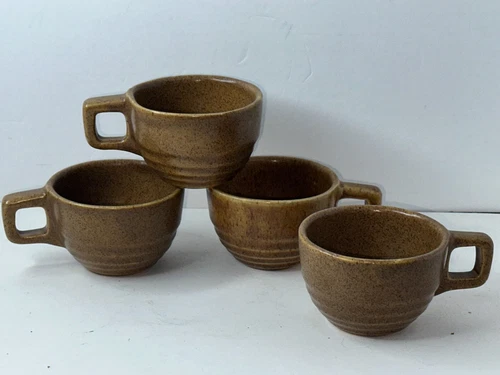 Vtg Monmouth Maple Leaf Speckled Brown Pottery Mugs Square Handle Set Of 4 USA