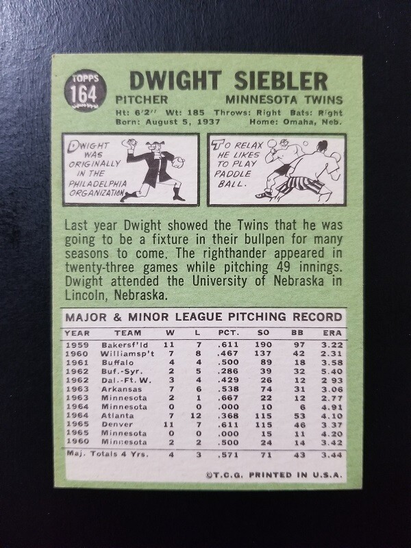 DWIGHT SIEBLER 1967 TOPPS BASEBALL CARD 164 MINNESOTA TWINS eBay