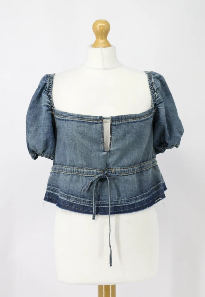 GANNI TINT EDGE WOMENS DENIM PUFF SLEEVE CROP TOP UK 6 EU 34 BLUE RRP £160 EG