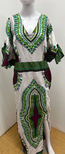 African Custom Handmade White Purple Green Abstract Art Dress Womens