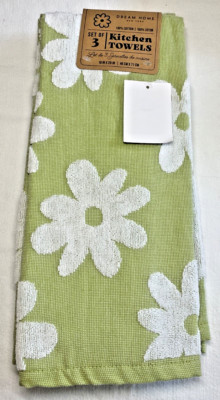 DREAM HOME NY KITCHEN TOWELS (3) DAISIES GREEN WHITE 18 X 28 100% COTTON NIP