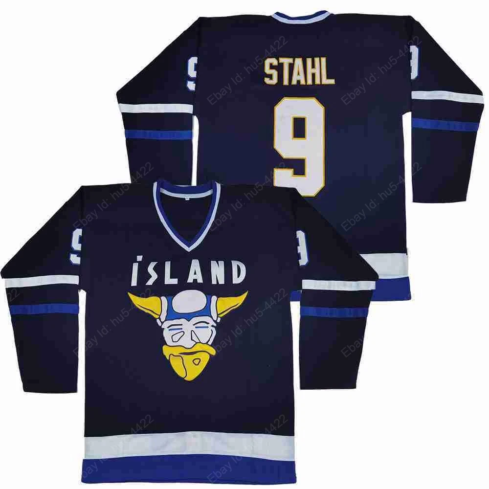 Movie Iceland Mighty Ducks Gunnar Stahl 9 Hockey Jersey All Stitched Blue S 3XL