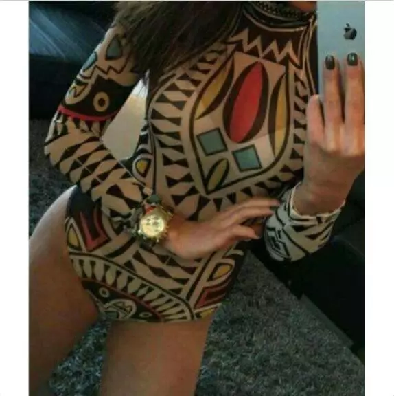 Tattoo Printed Short Jumpsuit Romper African Aztec Long Sleeve Bodysuit 2 Color