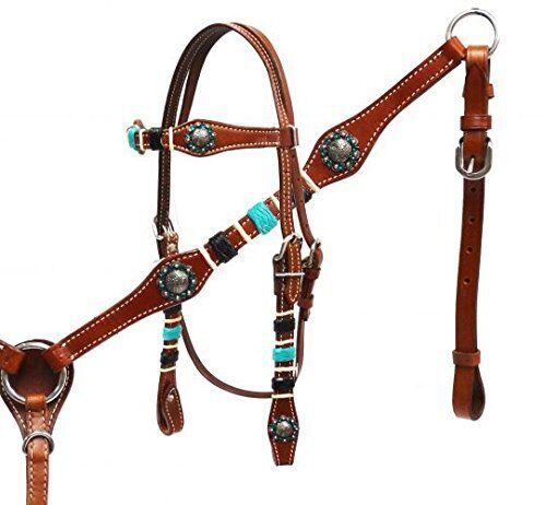 Showman Medium Leather Headstall and Breast Collar Set with Braided Rawhide