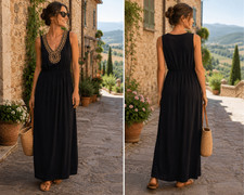 Sonoma women M cotton blend v-cut maxi dress w/wooden beading & side slits black