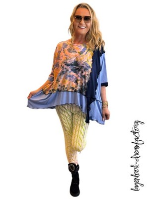 Lagenlook Patchwork-Big- Kasten-Tunika hellblau navy pastell 46 48 50 52 54 56