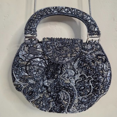 Towanny Exquisite Vintage beaded clutch hand bag with handles & silver strap