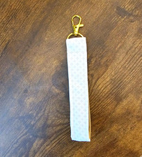 Beige White Geometric Fabric Wristlet Key Chain Strap Detachable Gold Clip
