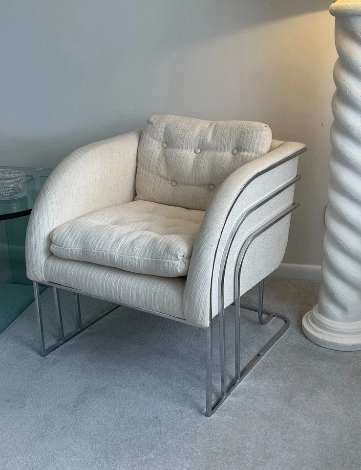 Matched Pair 2 MCM Milo Baughman Art Deco Chrome Club Chairs Hollywood Regency - Image 3 of 4