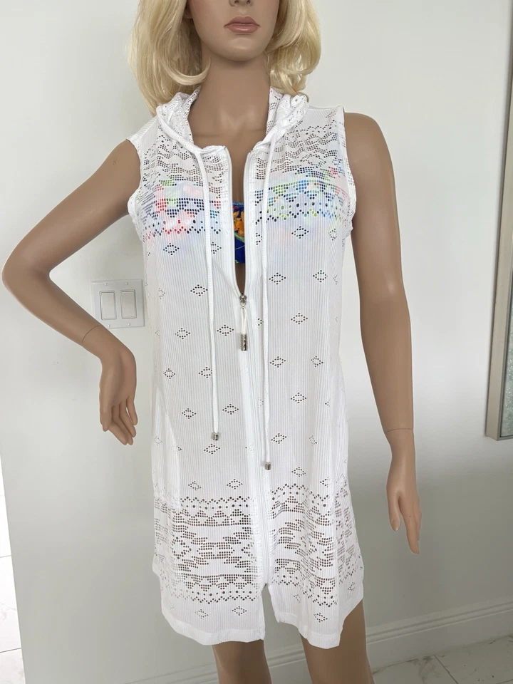 DOTTI Blanco Natación Gitana Gema Sin Mangas Cubre Cremallera Completa Con Capucha Talla Mediana Nuevo con Etiquetas Foto 3 de 4