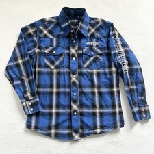 Wrangler Western Blue Plaid Embroidered Pearl Snap Cowboy Rodeo Shirt Youth M
