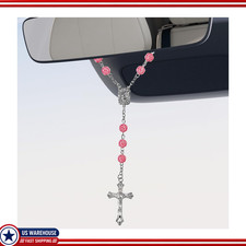 Car Hanging Ornament 2 Pcs Pink Rose Rosary Cross And Medal Rearview Mirror