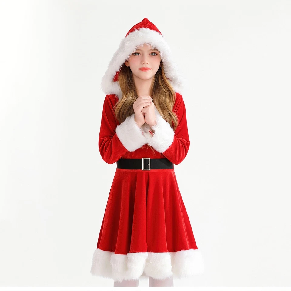 Christmas Party Kids Baby Girls Toddler Red Velvet Santa Claus Hooded Dresses - Image 3 of 4