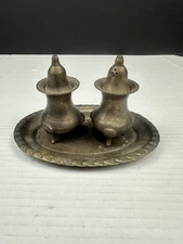 Footed Salt & Pepper Shaker Cruet Set Tray Vtg EPNS Engraved Silverplate Animal