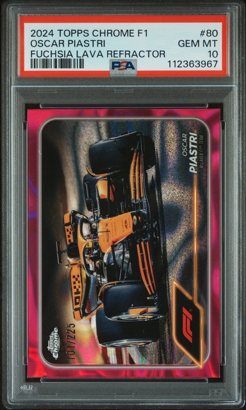 2024 TOPPS CHROME FORMULA 1 FUCHSIA LAVA REFRACTOR OSCAR PIASTRI 101/225 PSA 10