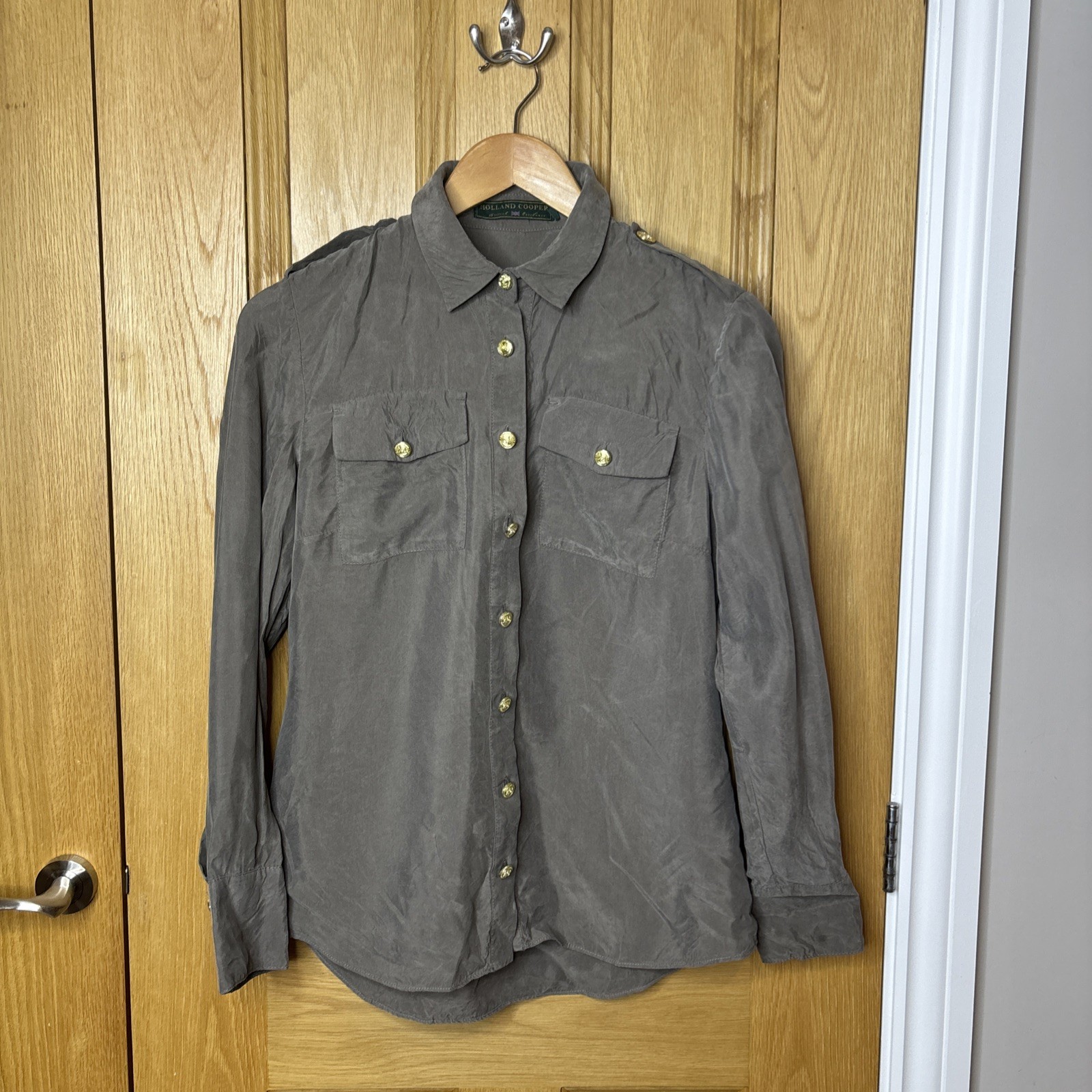 Holland Cooper Cupro Shirt Military Button Shirt khaki Blouse Size 10 Taupe Blog