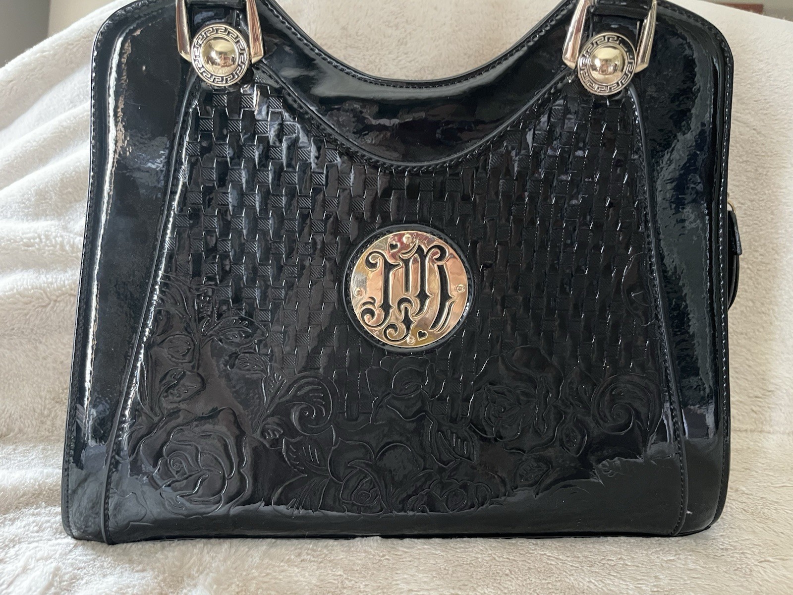 Julia & Michael Black Patent Leather Floral Satchel Handbag ~ Vintage Y2K ~ EUC