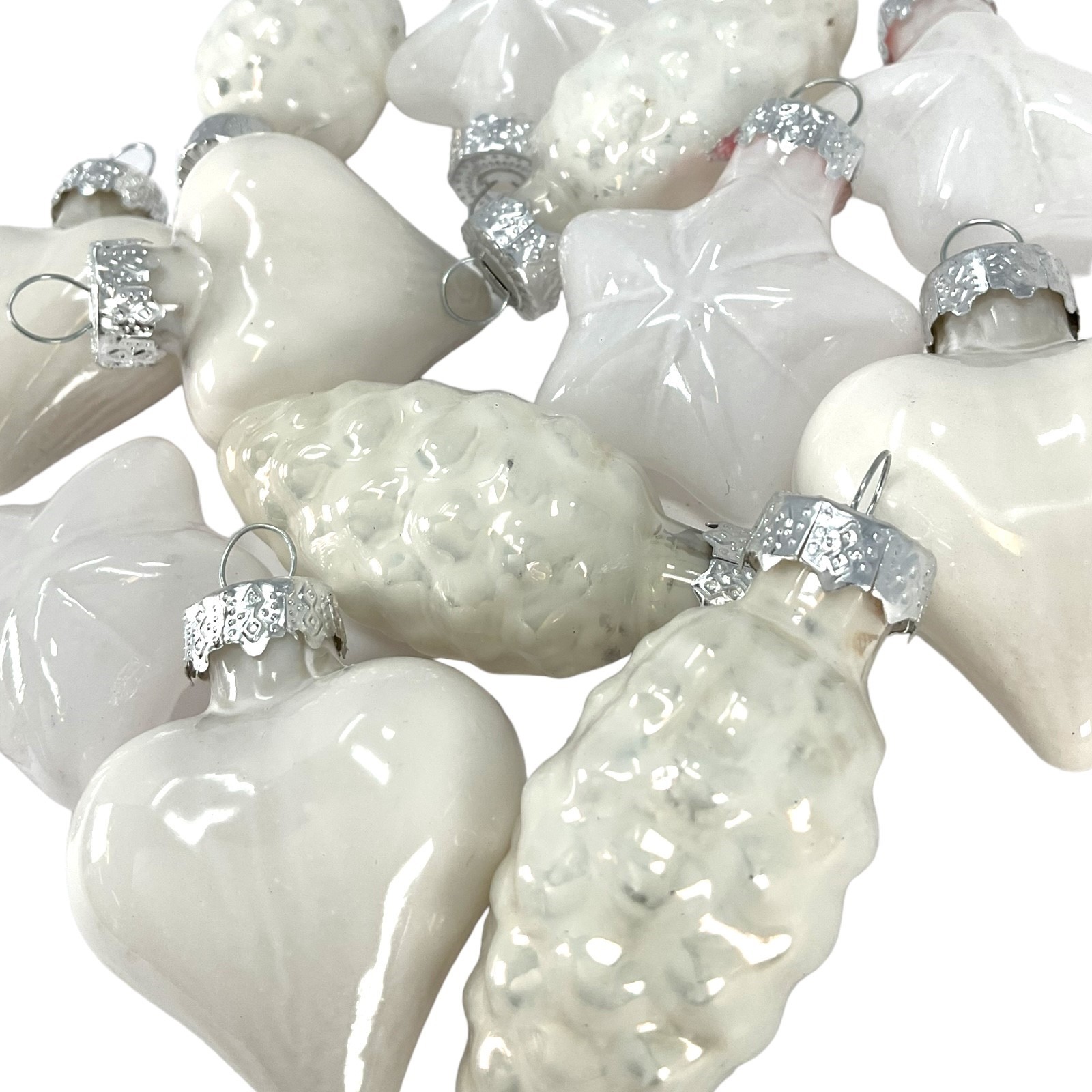 1.5 Inch Heart, Pinecone & Star White Glass Christmas Ornaments 12 Piece Set