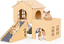 Guinea Pig Hideout with Hammock & Ramp &ndash; Multi-Level Wooden Small Animal House f