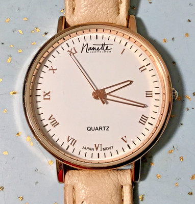 NANETTE LEPORE CLASSIC ROSE GOLDTONE WATCH w/36mm CASE BEIGE FAUX LEATHER BAND