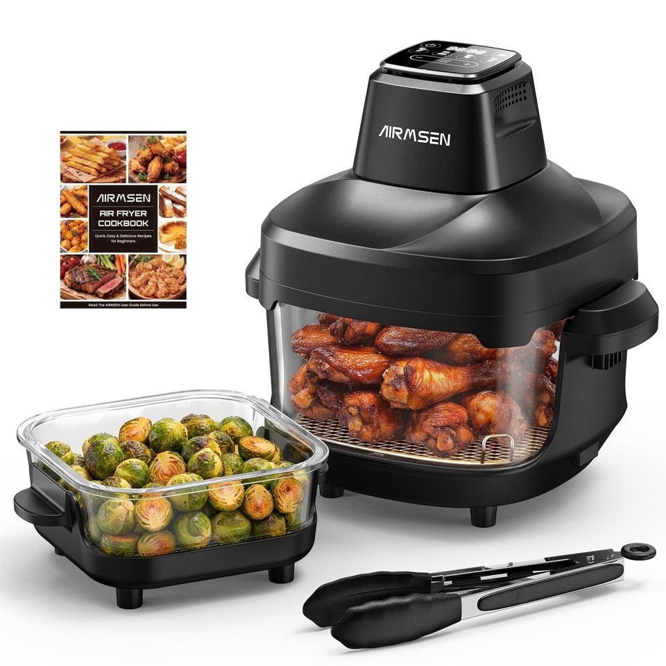 AIRMSEN Portable Glass Air Fryer with Dual Borosilicate Glass Bowls, 4.8QT and