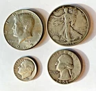 Lot of 4 silver coins '65 Kennedy half '44 Walking LIberty '51 Quarter Dime