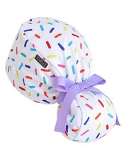 Sprinkle White Printed Ponytail Scrub Cap Buttons Sweatband Nurse Surgical