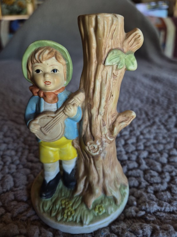 Ceramic Musician Figurine on Tree Stump, Painted Multicolor, Marked Philippines