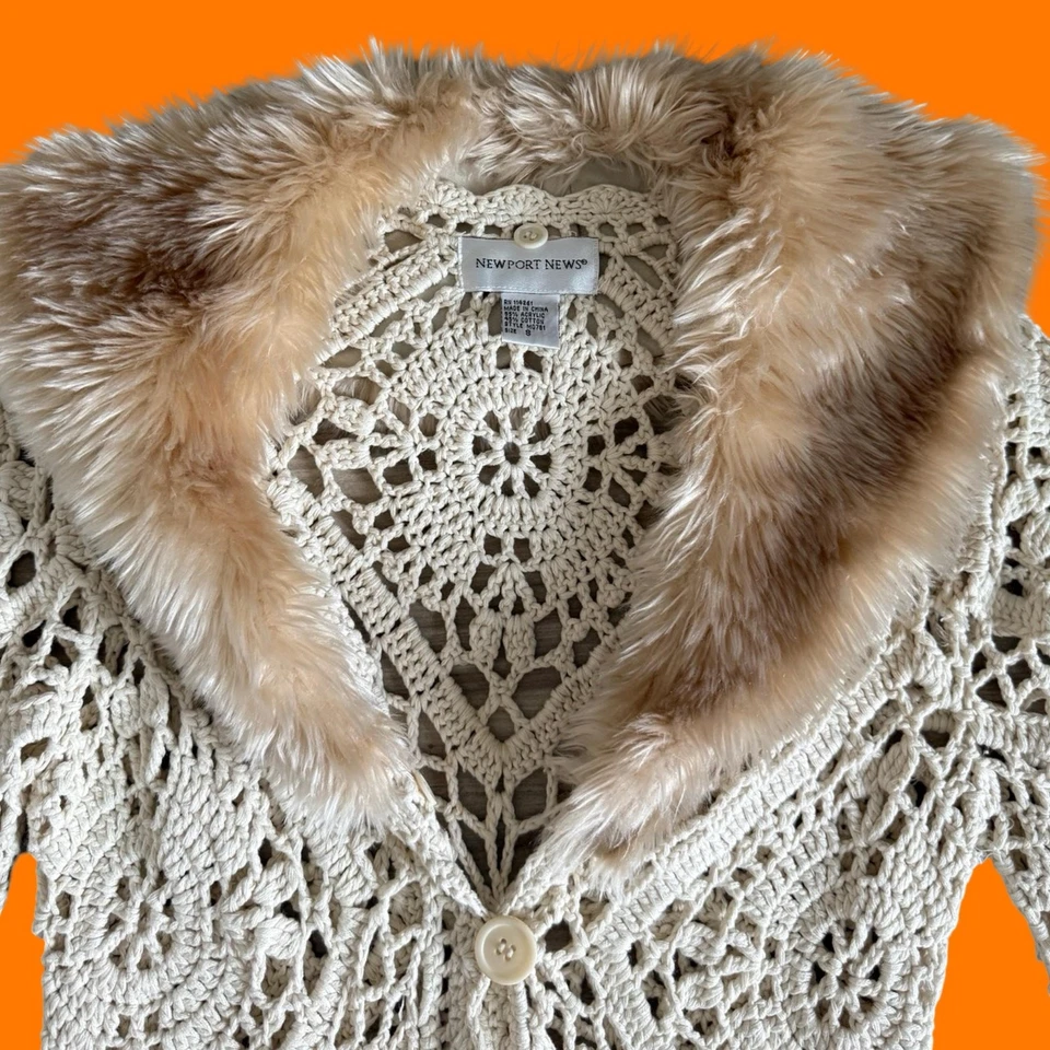 Cárdigan plumero vintage años 00 punto ganchillo manga campana piel sintética y2k PEQUEÑO Foto 3 de 4