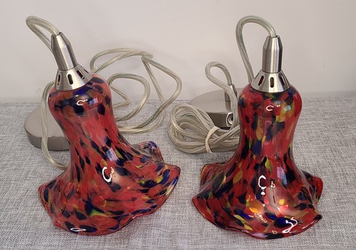 Set Of 2 Beautiful Red Pendant Light Tulip Shaped Handmade Art Glass - Picture 6 of 6
