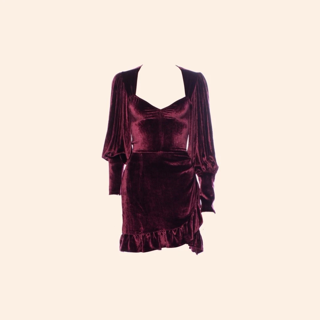 NWT $278 Reformation Fortune Dress Plum Velvet Ruffle Mini Long Sleeve Puff  12 | eBay