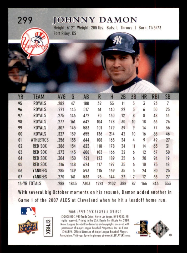 2008 Upper Deck #299 Johnny Damon New York Yankees - Image 2 of 2