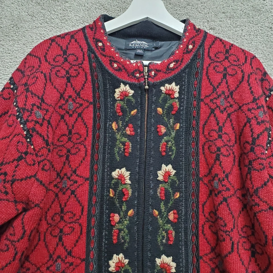 Icelandic Design Cardigan Sweater Wool Women L Red Embroidered Zip Flower Folk - Image 2 of 4