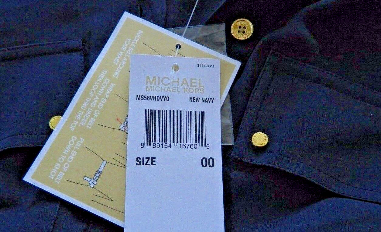 Abito camicia seta Michael Kors $325 blu navy con cintura e toppe tasche taglia 00 nuovo con etichette