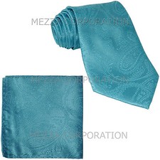 New polyester Men's necktie  hankie set paisley party turquoise blue wedding