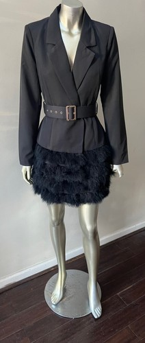 Couture Feather Blazer Wrap Belted Black Party Cocktail Jacket Coat S - Picture 2 of 8