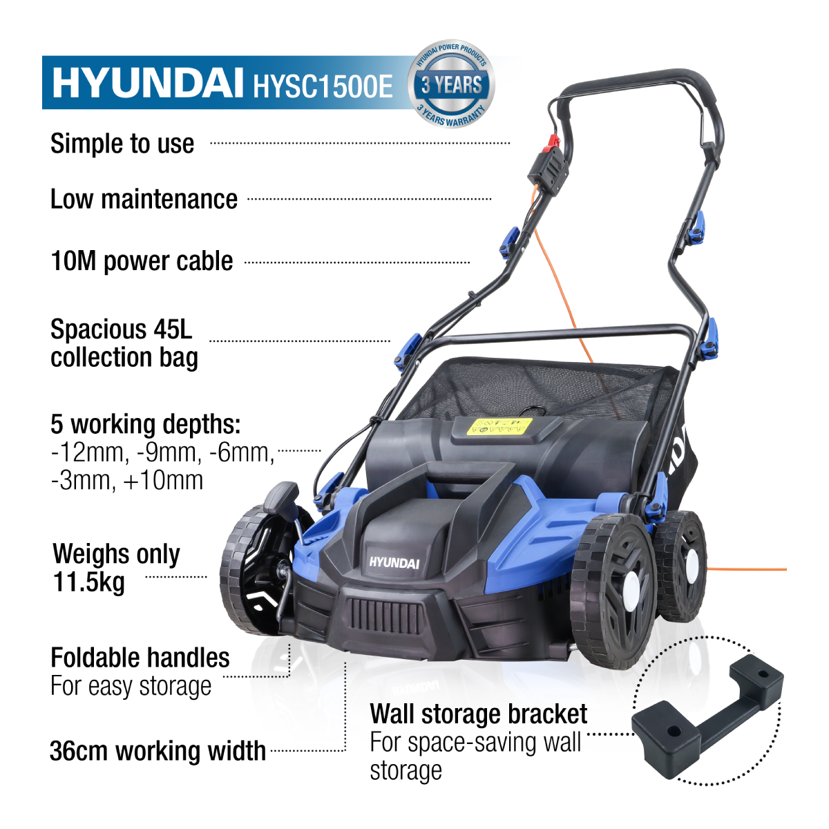 Hyundai HYSC1500E 360mm Corded Lawn Scarifier / Aerator / Lawn Rake