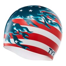 NEW TYR Swimming Silicone Swim Cap Blazing Patriot Flag Red White Blue