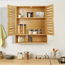 Natural Bamboo Kitchen Wall Cabinet 2 Door Over-The-Toilet Storage Organizer