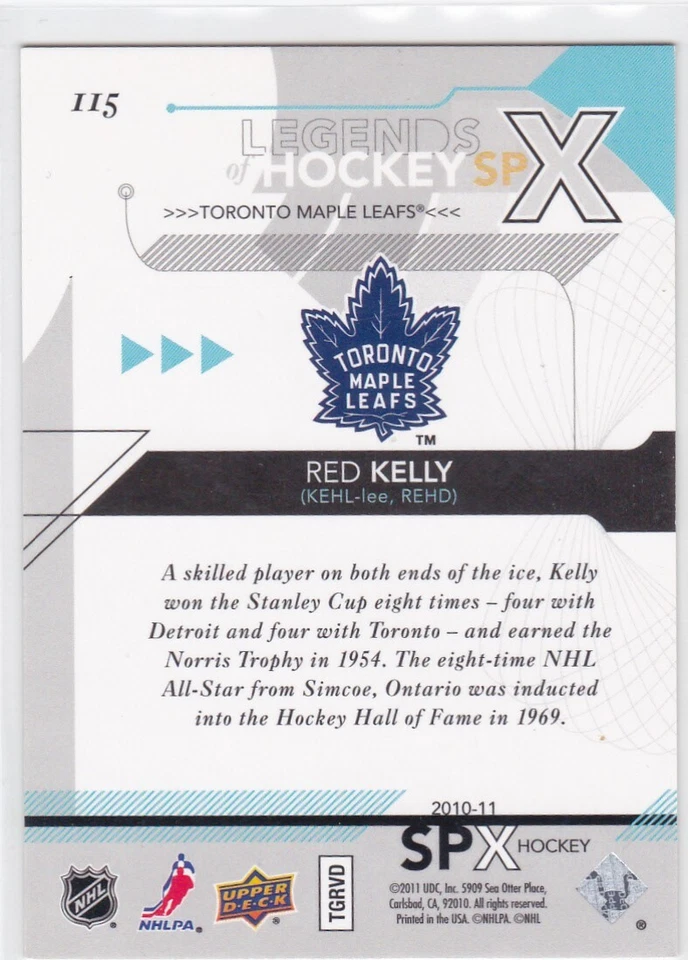 2010/11 SPX..RED KELLY..LEGENDS OF HOCKEY../999..CARD # 115..MAPLE LEAFS - Image 3 of 4