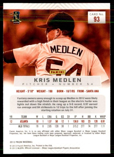 2013 Panini Prizm Kris Medlen Atlanta Braves #93 - Picture 2 of 2