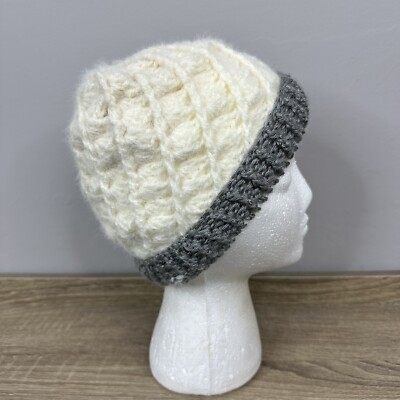 Created By Cyd Handmade Crochet Beanie Cream Gray Spiral Textured Winter Hat 9x9