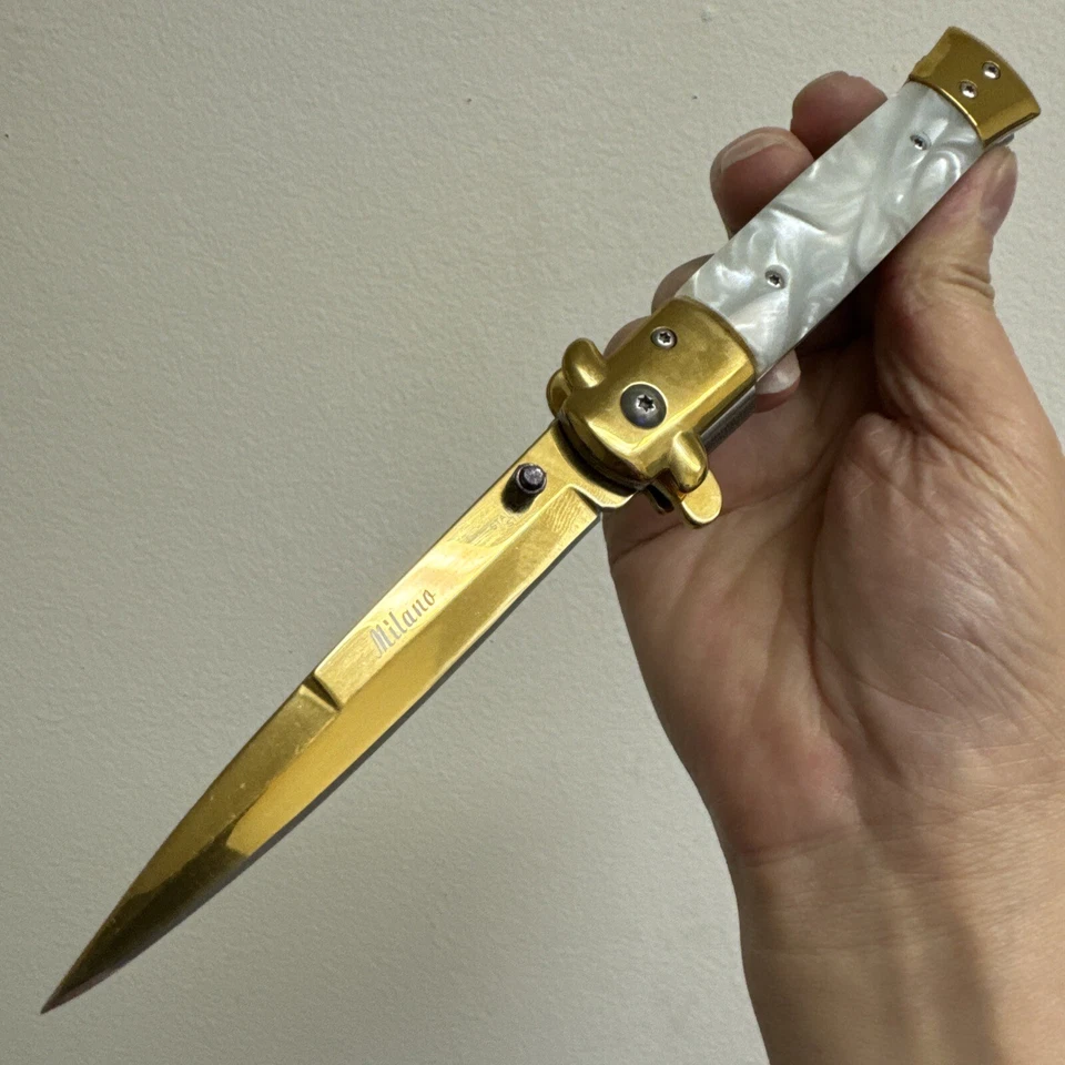 Faca de bolso tática EDC lâmina de abertura rápida pérola dourada 9" presente para férias - Imagem 4 de 4