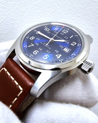 Hamilton Khaki Field Automatic 42mm Blue Dial Brown Leather Mens