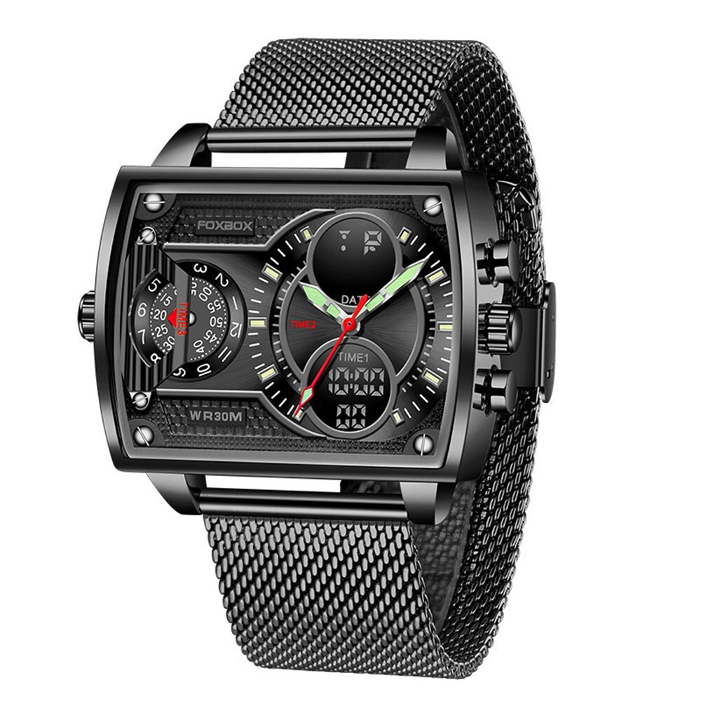 FOXBOX Men Square Watch Meshband 3 Time Male Quartz Watch LED