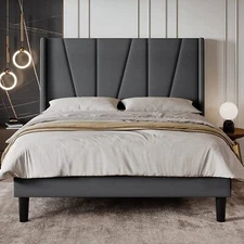 Queen Upholstered Platform Bed Frame with Geometric Headboard and Wingback, Grey
