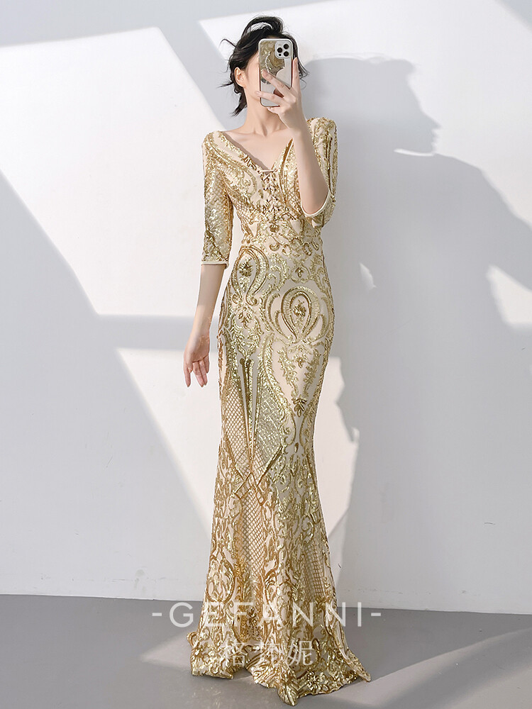 Sexy Womens Evening Gown Dress Luxury Fish Tail Sequin Dress Long Sleeved  Dress