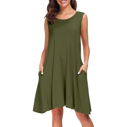 Women Sleeveless Casual T Shirt Dress Pocket Swing Beach Loose Tank Sundress Top - Photo 17/27