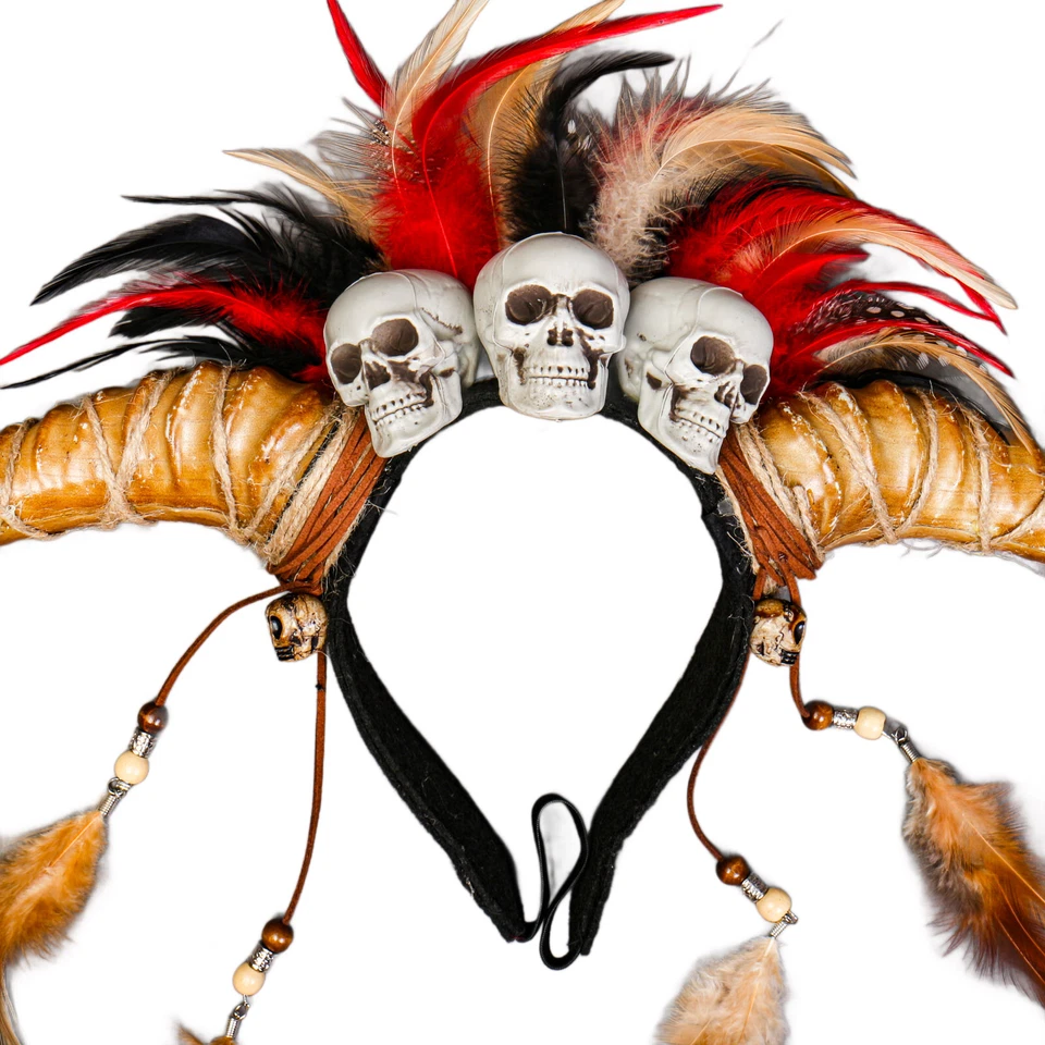 Voodoo Ancient Skull Long Horn with Feather Halloween Headband - Brown - Image 3 of 4