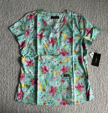 Koi Basics Scrub Top Women  s Sz Medium Tweety Green Birds Floral Nursing Medical
